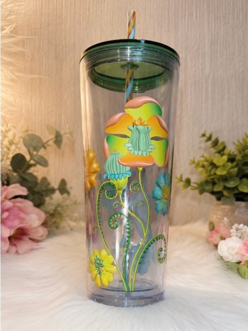 NWT Starbucks Summer 2025 Floral Venti 24oz Cold Cup Tumbler w/ Straw